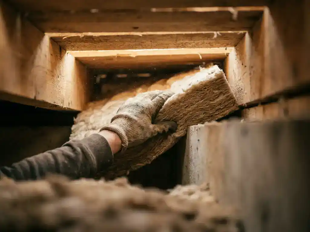Installateur plaatst isolatiemateriaal tegen houten vloerconstructie in kruipruimte, met zichtbare vloerbalken en betonnen funderingsmuren.
