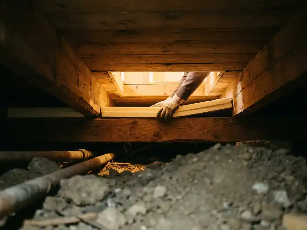Kruipruimte van Nederlandse woning met isolatiepanelen tussen houten vloerbalken, warm licht door toegangsluik van boven.