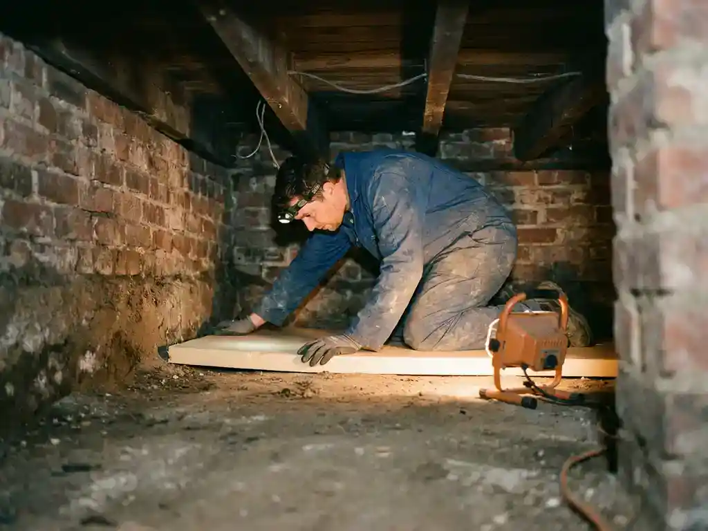 Monteur in kruipruimte van jaren 50 bakstenen woning die isolatieplaten op betonvloer aanbrengt, houten balklaag zichtbaar boven.