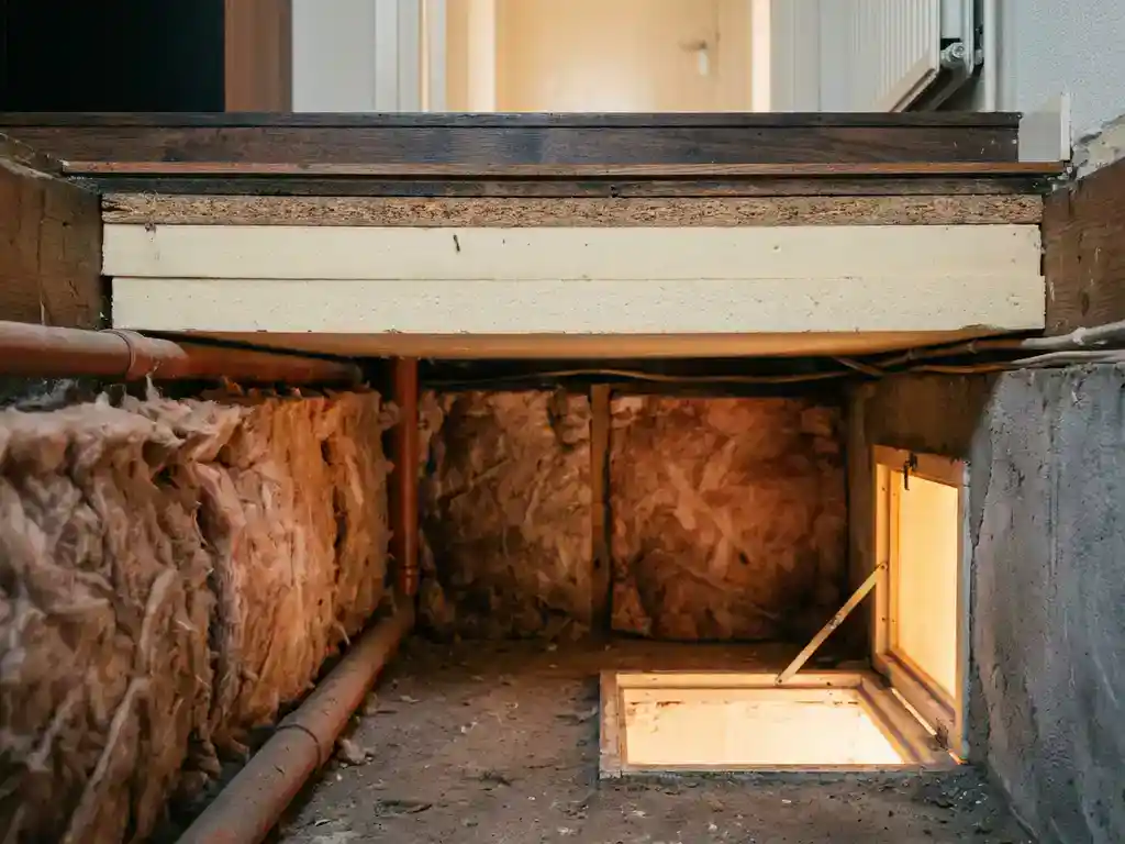 Doorsnede van Nederlandse vloerisolatie met schuimplaten onder de vloer en minerale wol in de kruipruimte.
