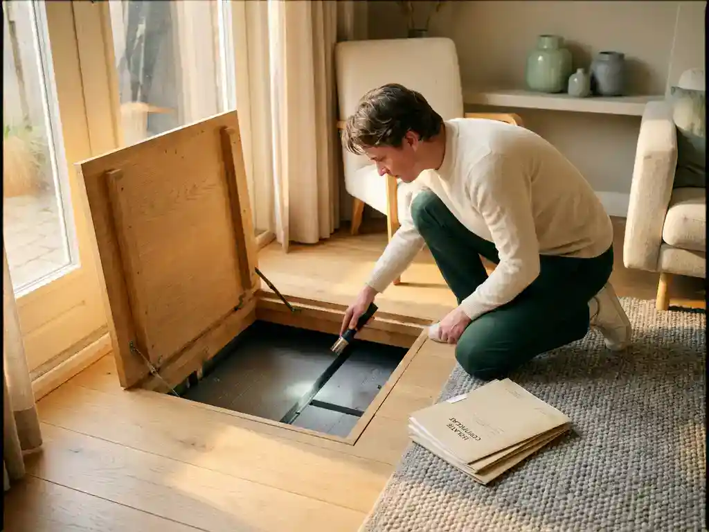 Huiseigenaar inspecteert nieuw geïnstalleerde vloerisolatiepanelen via een open kruipruimteklep in een Nederlandse woning.