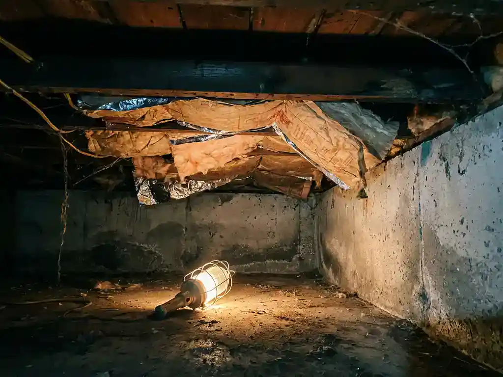 Kruipruimte onder Nederlandse woning met gedeeltelijk geïnstalleerd isolatiemateriaal tegen houten balklaag, vocht op betonnen wanden zichtbaar.