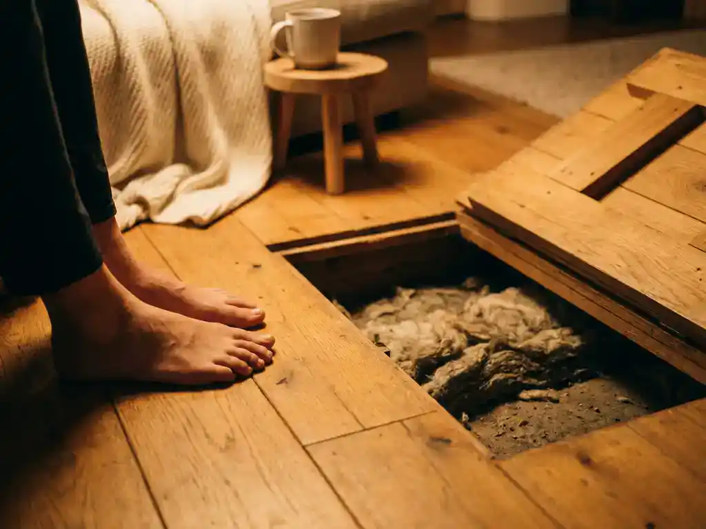 Blote voeten op lichte eiken houten vloer met zichtbare kruipruimte toegangsluik en isolatiemateriaal eronder, warme sfeervolle woonkamer.