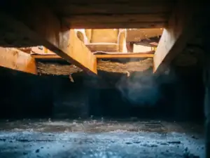 Warme gouden gloed door houten vloerplanken boven een koude kruipruimte met vorst op beton en gedeeltelijk geplaatste isolatie.