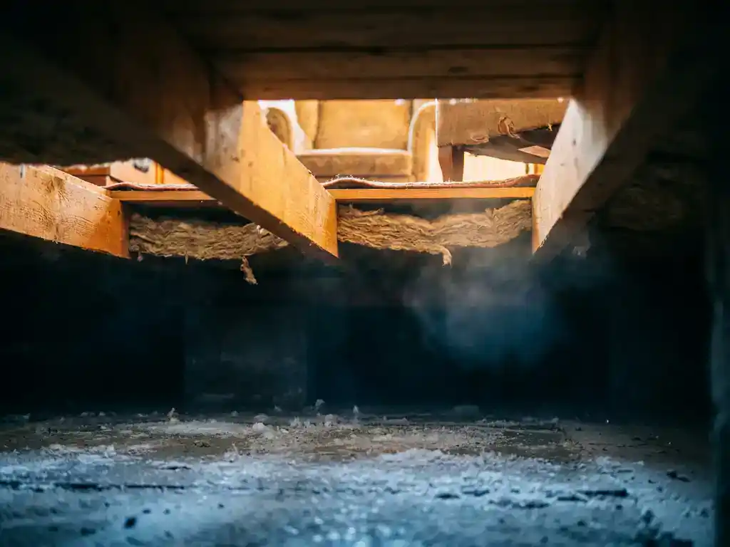 Warme gouden gloed door houten vloerplanken boven een koude kruipruimte met vorst op beton en gedeeltelijk geplaatste isolatie.