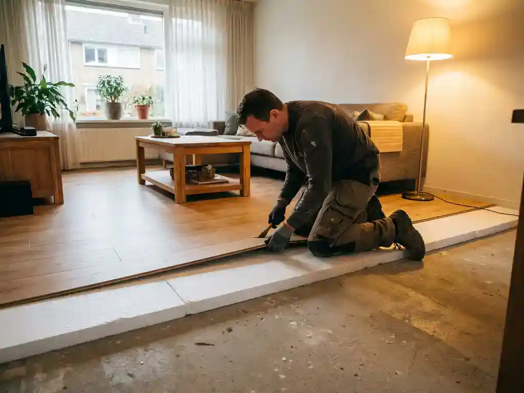Installateur tilt hoek van licht eiken laminaat op, onthult dikke isolatiepanelen op betonnen ondervloer in Nederlandse woonkamer.