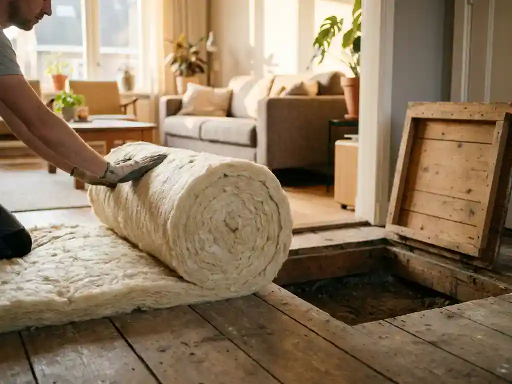 Mineraalwol isolatie uitgerold over houten ondervloer in Nederlandse woning, met open kruipruimteluik op de achtergrond.