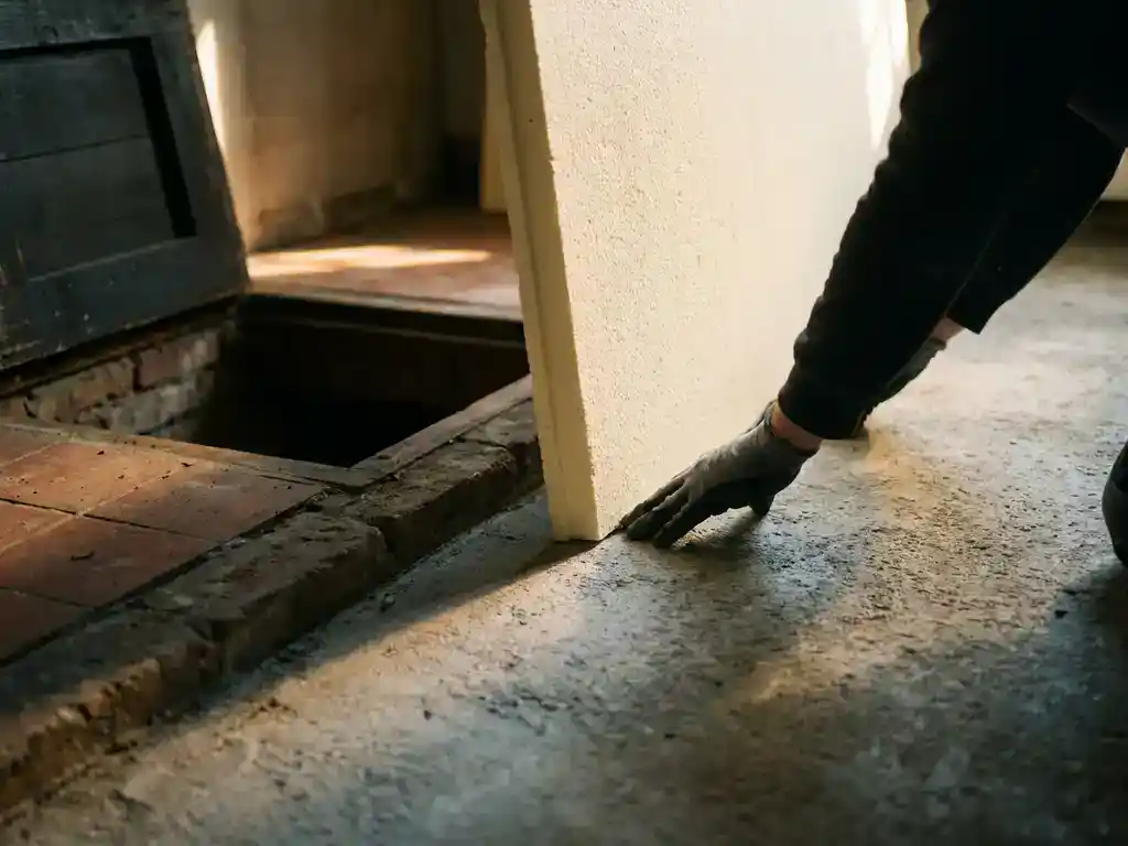 Rigid foam isolatieplaat tegen betonnen ondervloer gedrukt in Nederlandse woning, kruipruimte zichtbaar op achtergrond.