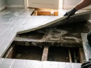 PIR-isolatieplaat gedeeltelijk opgetild boven een gebarsten, vochtige betonnen ondervloer met zichtbare kruipruimte eronder.