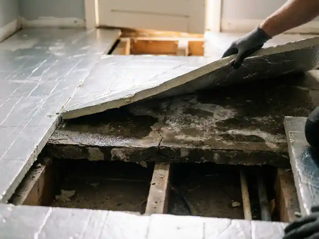 PIR-isolatieplaat gedeeltelijk opgetild boven een gebarsten, vochtige betonnen ondervloer met zichtbare kruipruimte eronder.
