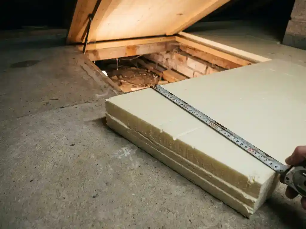 Dikke vloerisolatieplaat gemeten met stalen rolmaat op betonnen ondervloer, met zichtbare dwarsdoorsnede van dichte schuimlagen boven kruipruimte.