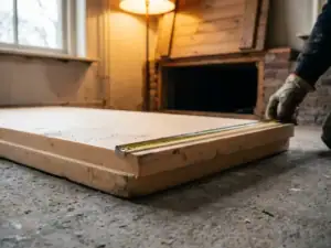 Vloerisolatieplaat gemeten met stalen rolmaat op betonnen ondervloer in Nederlandse woning, kruipruimte zichtbaar op achtergrond.