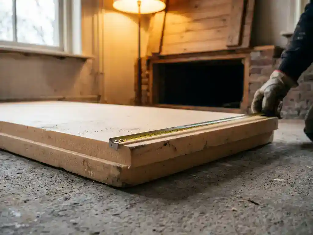 Vloerisolatieplaat gemeten met stalen rolmaat op betonnen ondervloer in Nederlandse woning, kruipruimte zichtbaar op achtergrond.