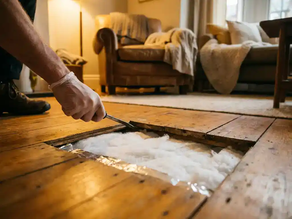 Vakman tilt houten vloerplank op om witte isolatie te installeren in een woonkamer met warme houten vloer.