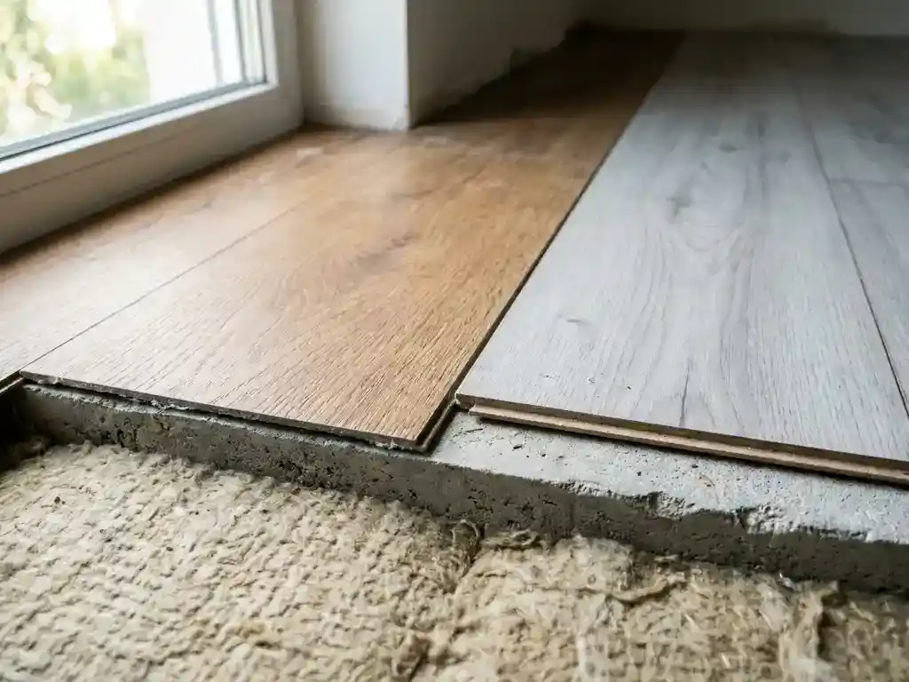 Dwarsdoorsnede van een woonvloer met dikke isolatielaag onder PVC-planken en laminaat op betonnen ondervloer, zacht daglicht.