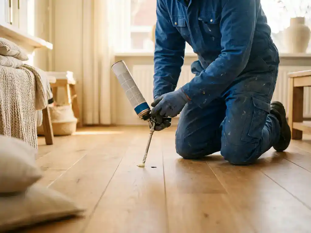 Monteur injecteert isolatieschuim via boorgat in houten vloer van Nederlandse woonkamer met eiken planken.