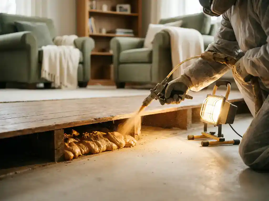 Installateur spuit isolatieschuim onder opgetild houten vloerdeel, met zichtbaar betonnen ondervloer en warme achtergrondverlichting.