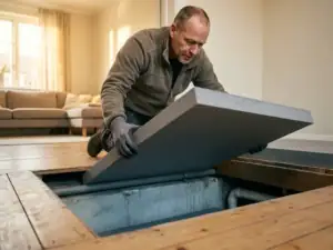 Isolatiespecialist legt dikke grijze isolatiepanelen onder opgetilde houten vloer, met woonkamer en warm middaglicht op achtergrond.