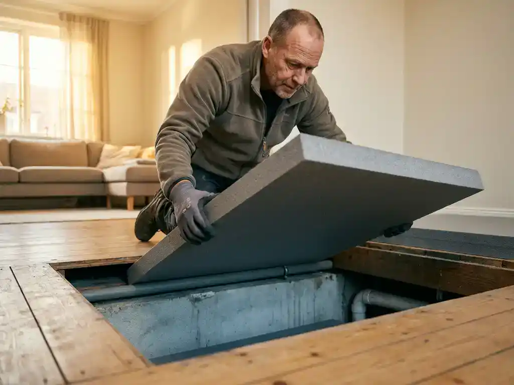 Isolatiespecialist legt dikke grijze isolatiepanelen onder opgetilde houten vloer, met woonkamer en warm middaglicht op achtergrond.