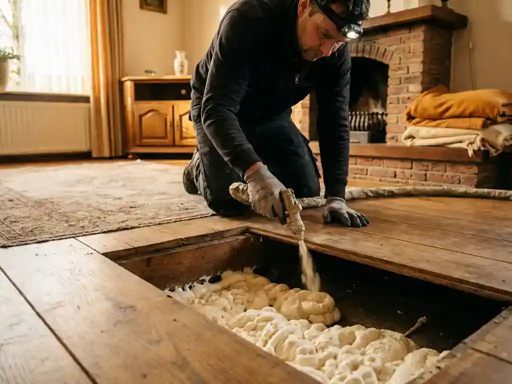 Installateur injecteert spuitschuim isolatie onder een opgetilde houten vloerplank in een Nederlandse woning.