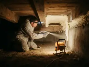 Installateur spuit PUR-schuim isolatie onder houten vloer in Nederlandse kruipruimte, verlicht door warm werklicht.