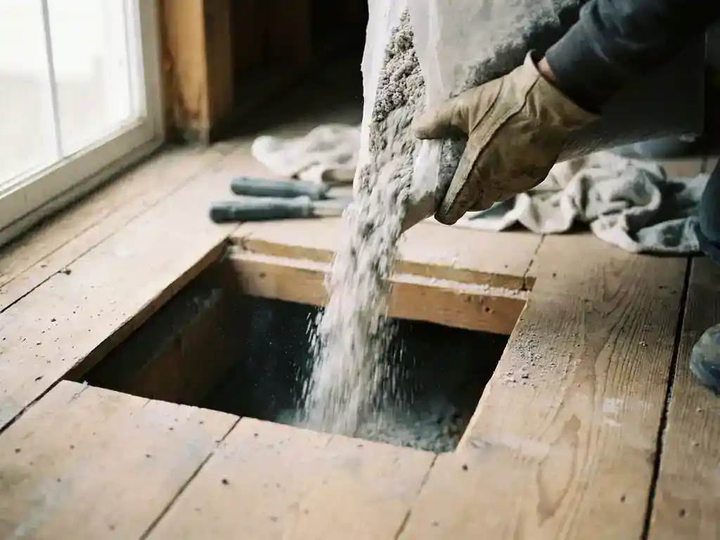 Handschoen van installateur stort losse isolatiegranules door vloeropening in kruipruimte, omgeven door houten planken.