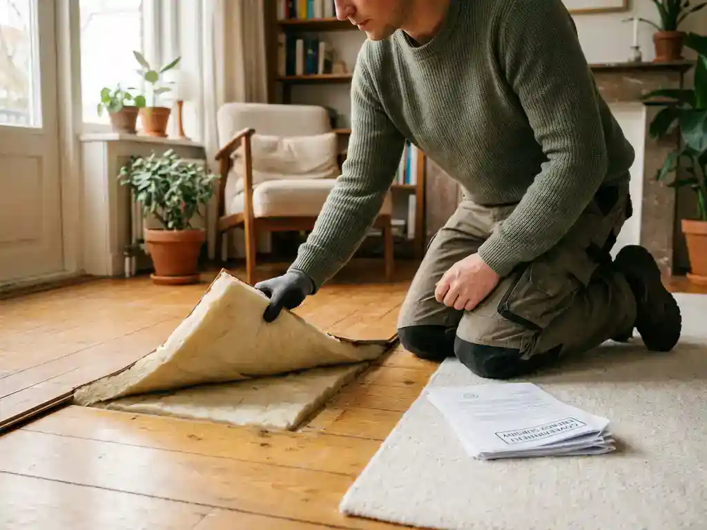 Huiseigenaar tilt hoek van houten vloer op om isolatie te onthullen, met subsidiedocument ernaast, in gezellige Nederlandse woonkamer.