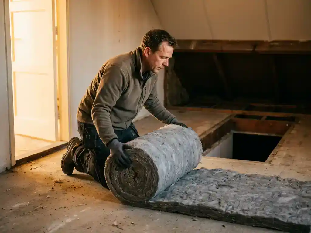 Vakman rolt dikke grijze isolatie uit op betonnen ondervloer in Nederlandse woning, met zichtbare vloerbalken en kruipruimte.