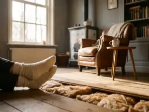 Wollen sokken op een warm houten vloer in Nederlandse woonkamer, isolatiemateriaal zichtbaar onder opgetilde vloerplank, zacht ochtendlicht.