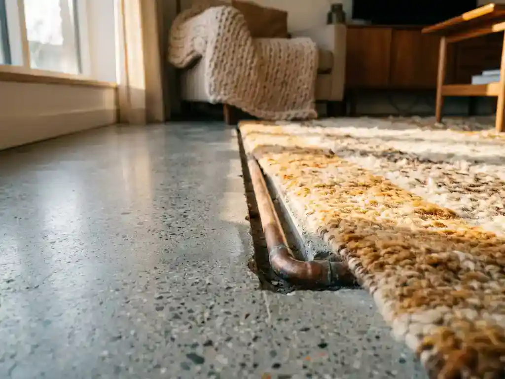 Wollen vloerkleed op grijze betonvloer met zichtbare vloerverwarmingsbuis en warm goudkleurig raamlicht.