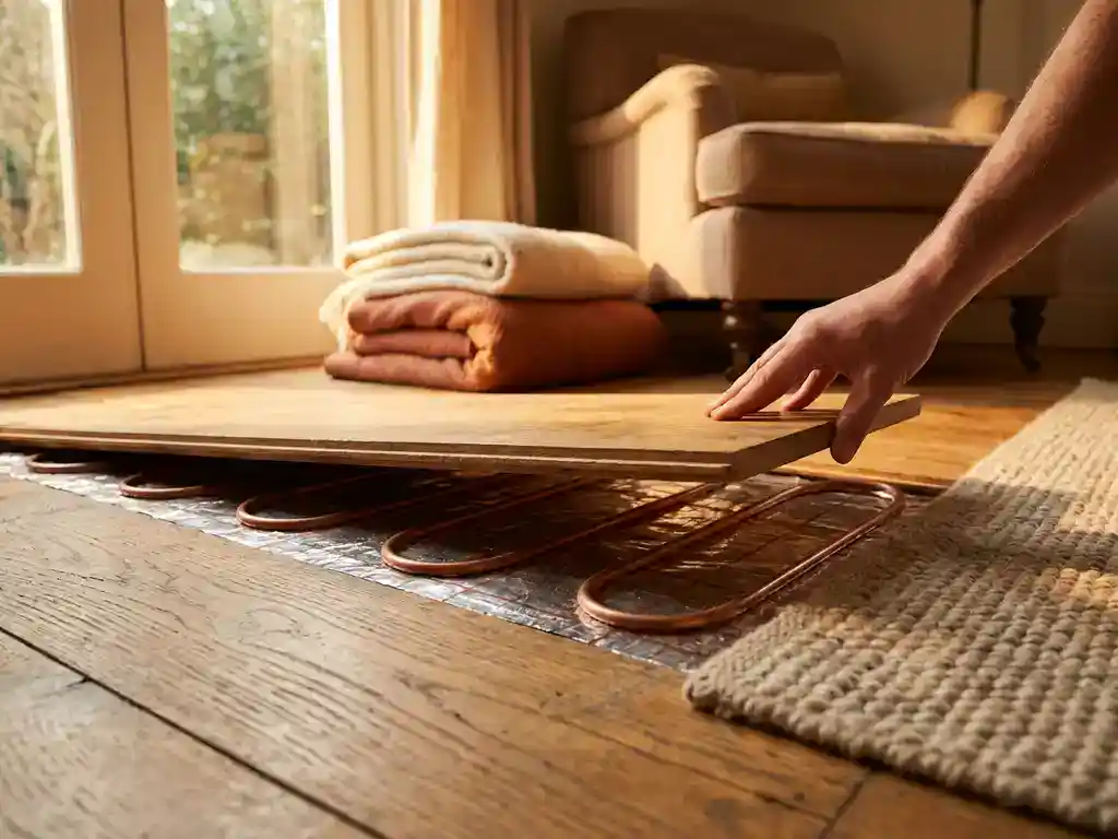 Vloerverwarming buizen zichtbaar onder opgetild houten plank in warme woonkamer met gouden middaglicht.