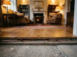 Doorsnede van houten vloer met 25mm isolatielaag en vloerverwarmingsbuizen boven grijze betonnen ondergrond.