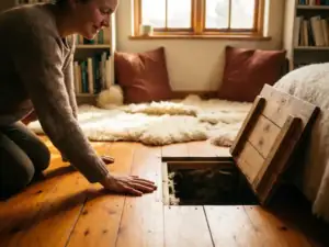 Huiseigenaar voelt warmte van houten vloer bij open kruipruimteklep in gezellige Nederlandse woonkamer.