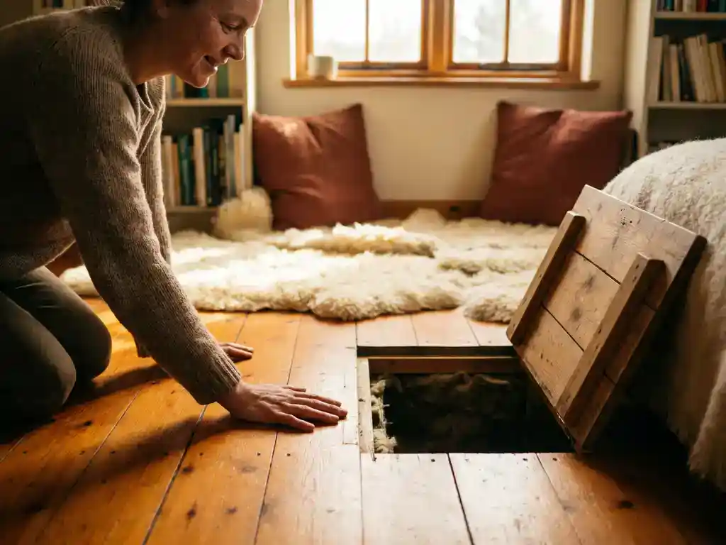 Huiseigenaar voelt warmte van houten vloer bij open kruipruimteklep in gezellige Nederlandse woonkamer.