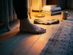 Blote voet op licht eiken houten vloer in warme Nederlandse woonkamer met vloerverwarming en zachte amberkleurige belichting.