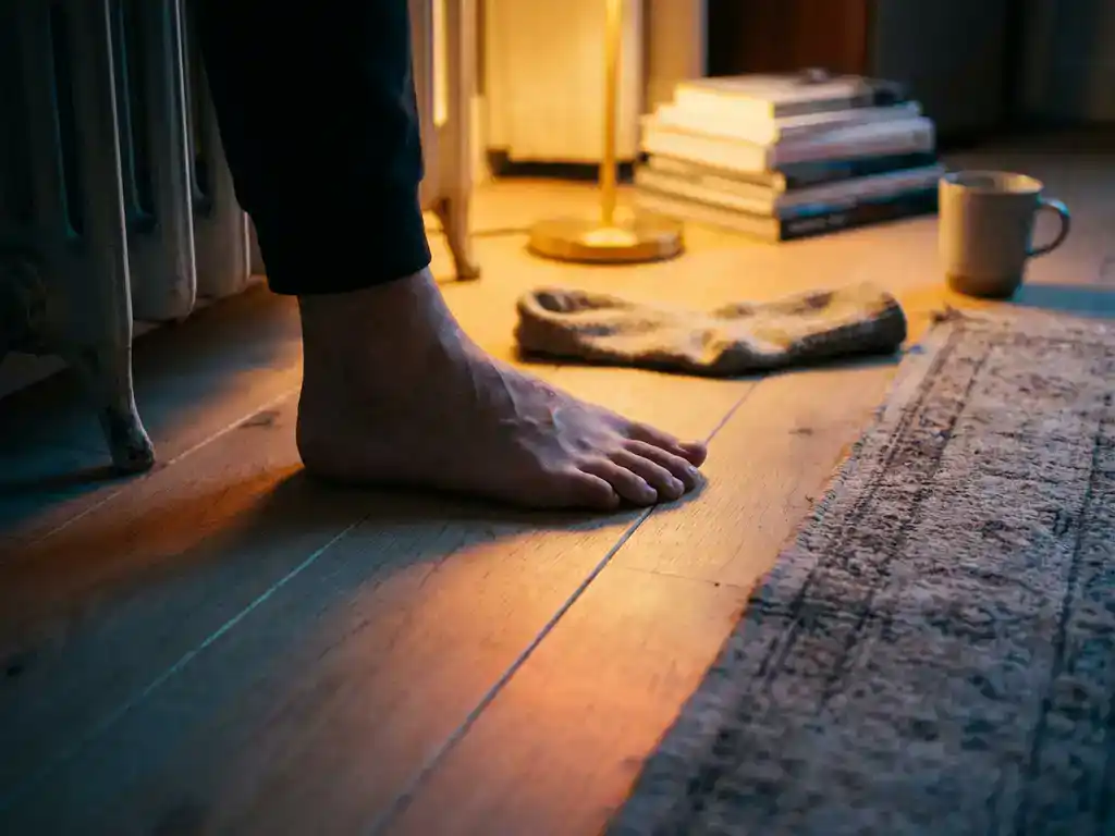 Blote voet op licht eiken houten vloer in warme Nederlandse woonkamer met vloerverwarming en zachte amberkleurige belichting.