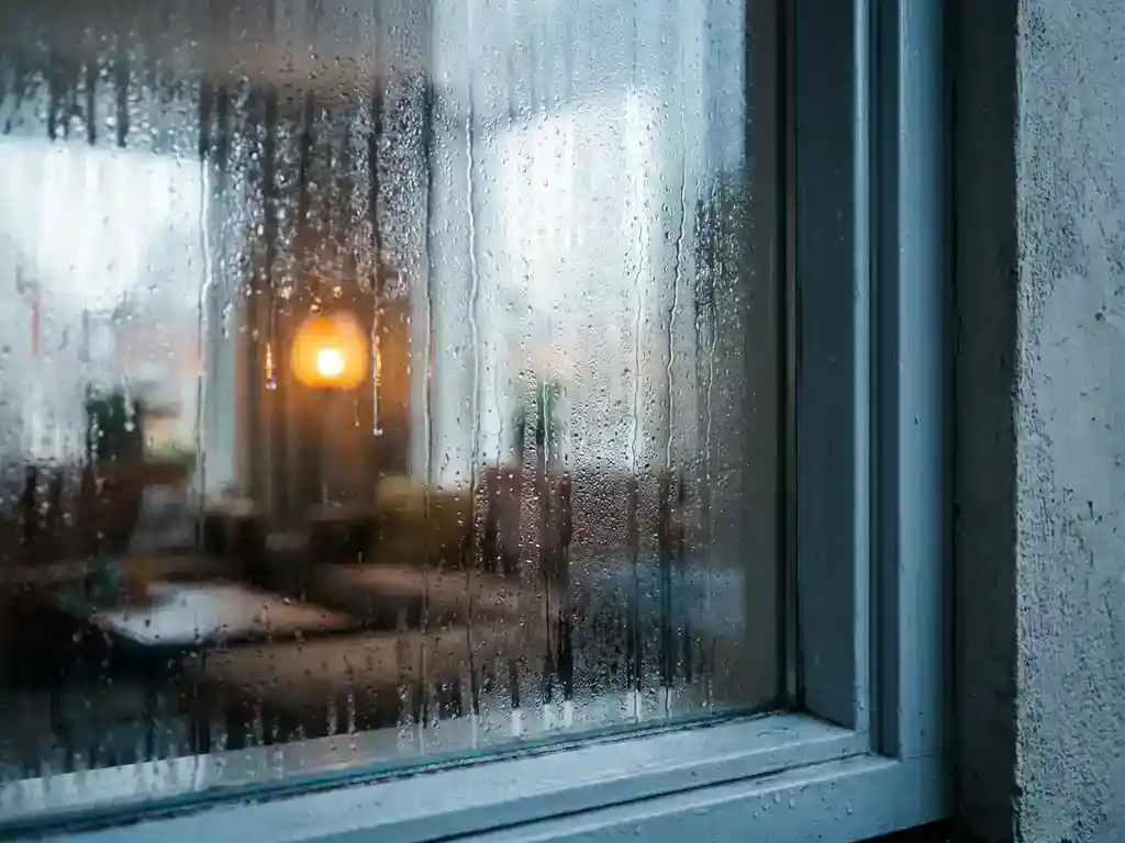 Waterdruppels op condenserend raamglas in een Nederlandse woonkamer, met warme amber verlichting op de achtergrond.