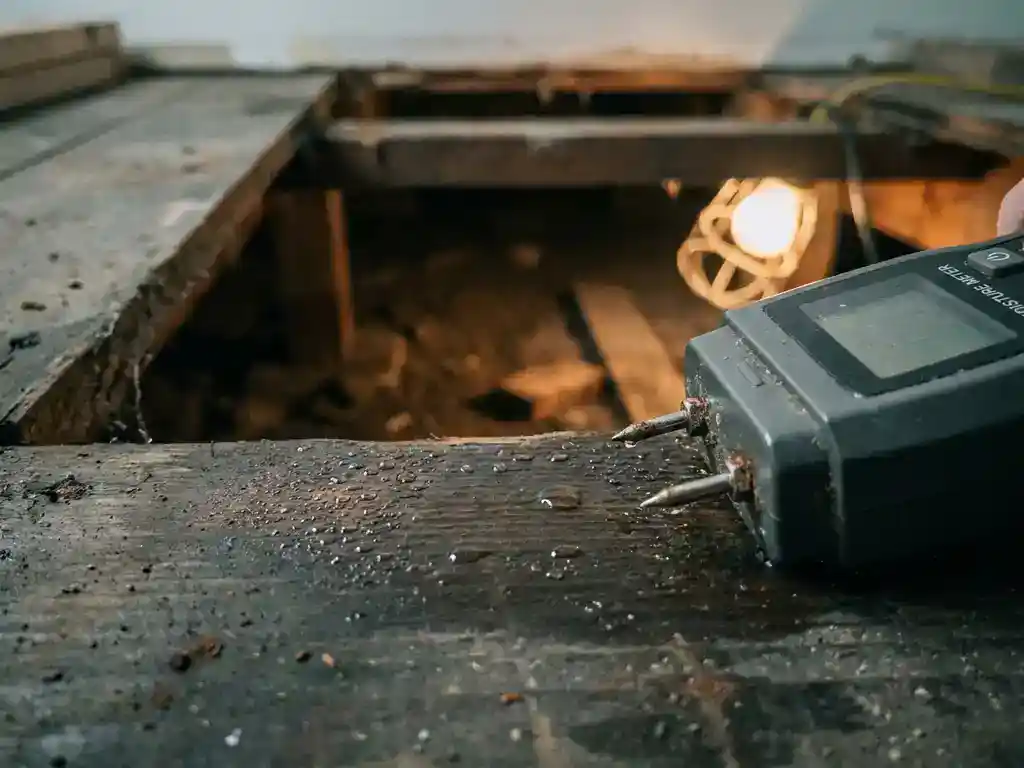 Vochtmeter in nat houten ondervloer met condensdruppels, kruipruimte zichtbaar door spleet in de planken.
