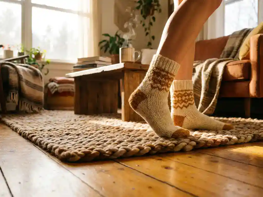 Persoon in gebreide wollen sokken op houten vloer met dikke gebreide vloerkleed, dampende mok op lage tafel, warm ochtendlicht.