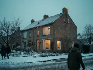 Warmteverlies zichtbaar als ambergloed bij ramen, muren en dak van een Nederlandse twee-onder-een-kapwoning in de winter.