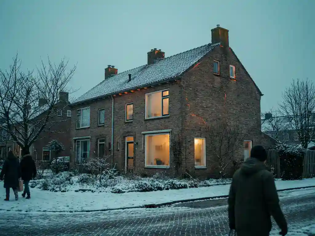 Warmteverlies zichtbaar als ambergloed bij ramen, muren en dak van een Nederlandse twee-onder-een-kapwoning in de winter.