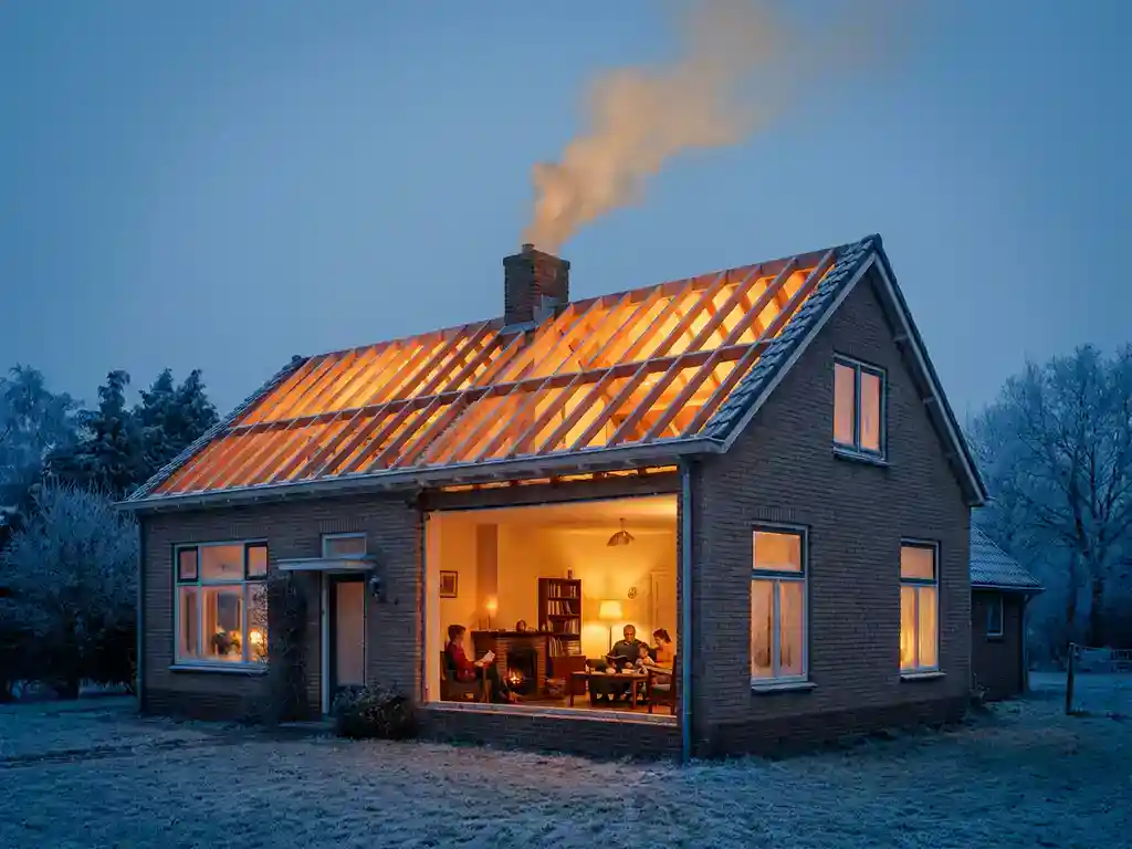 Doorsnede van een Nederlandse gezinswoning in de schemering, warmte ontsnapt zichtbaar door slecht geïsoleerd dak en dunne muren.