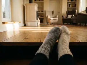 Wollen sokken op een warm houten eiken vloer, zacht ochtendlicht vanuit een laag raam, gezellige Nederlandse woonkamer op de achtergrond.