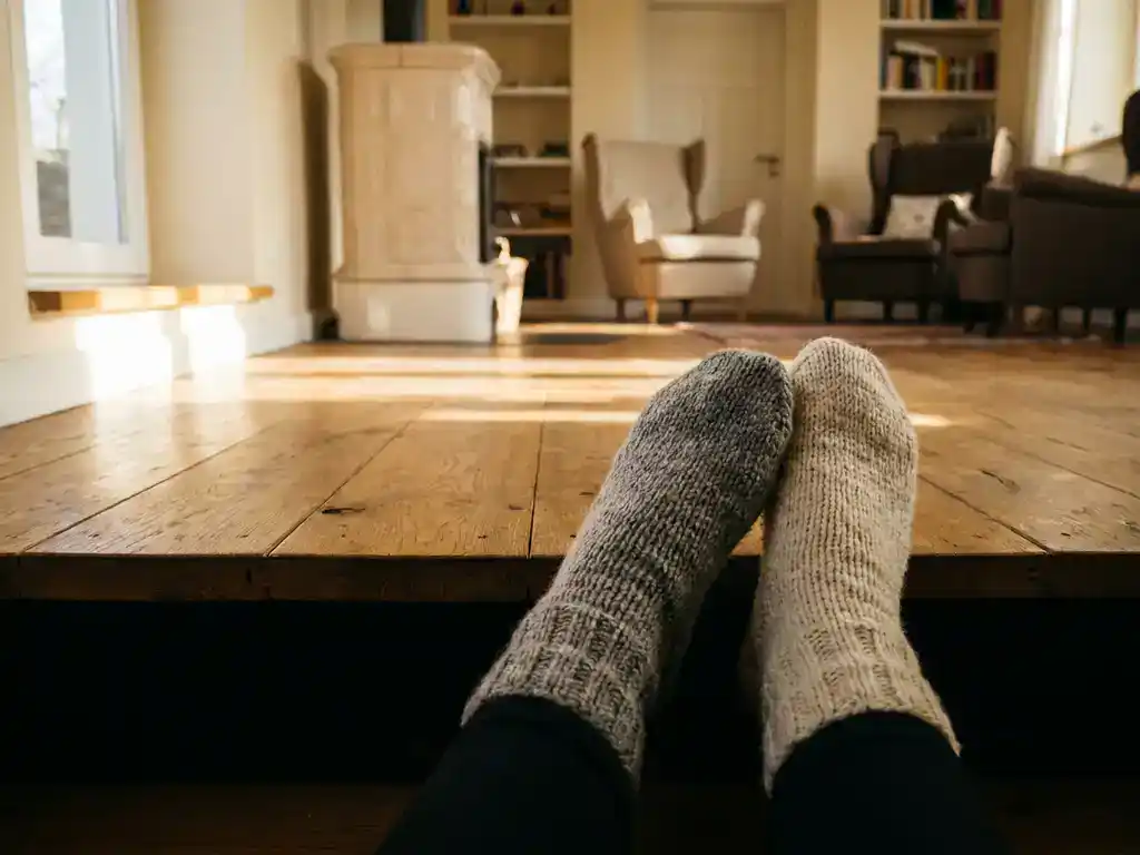 Wollen sokken op een warm houten eiken vloer, zacht ochtendlicht vanuit een laag raam, gezellige Nederlandse woonkamer op de achtergrond.