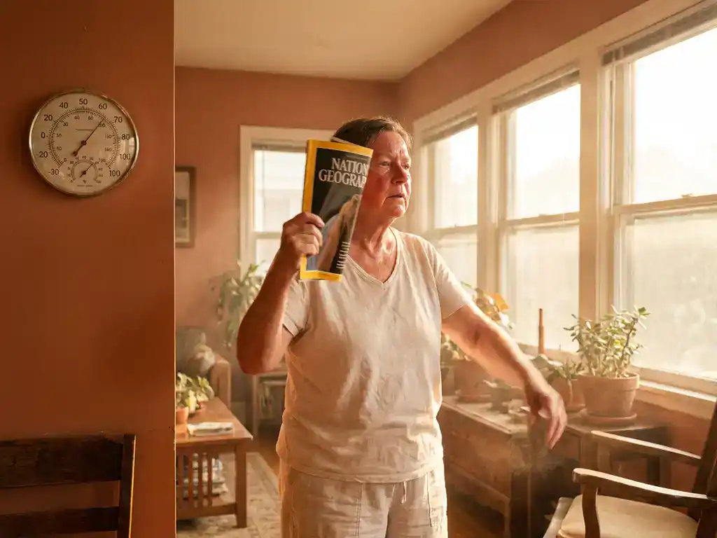 Persoon die zichzelf koelte toewuift met tijdschrift in oververhitte woonkamer met gouden zonlicht door grote ramen en thermometer aan de muur.