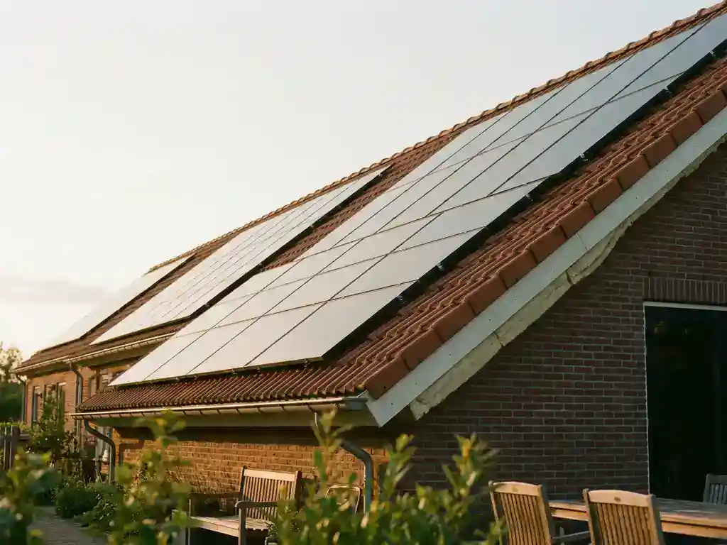 Zonnepanelen op geïsoleerd schuin dak van Nederlandse gezinswoning, goudkleurig middaglicht op donkere fotovoltaïsche cellen, terracotta dakpannen.