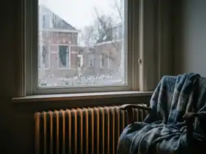 Bevroren enkel glas raam in Nederlandse woonkamer met condensatie, radiator met goudgeel licht en wollen deken op stoel op de achtergrond.