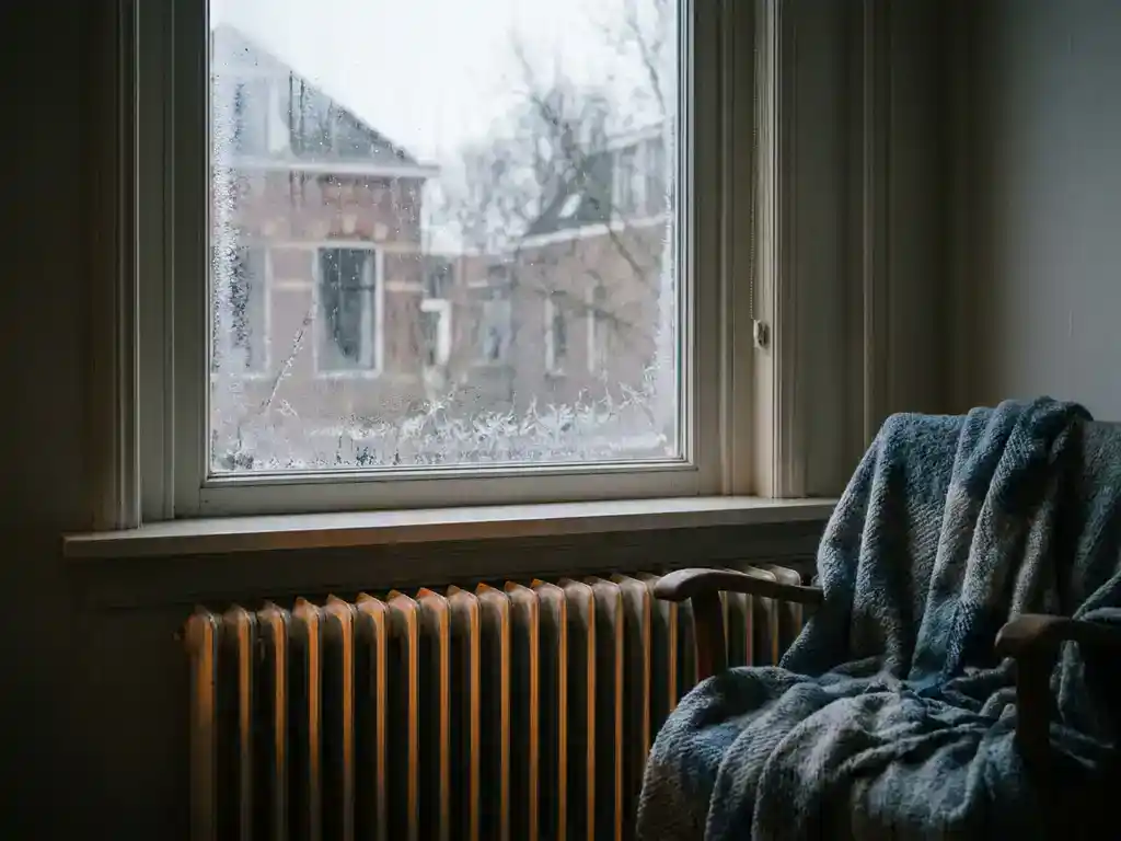 Bevroren enkel glas raam in Nederlandse woonkamer met condensatie, radiator met goudgeel licht en wollen deken op stoel op de achtergrond.