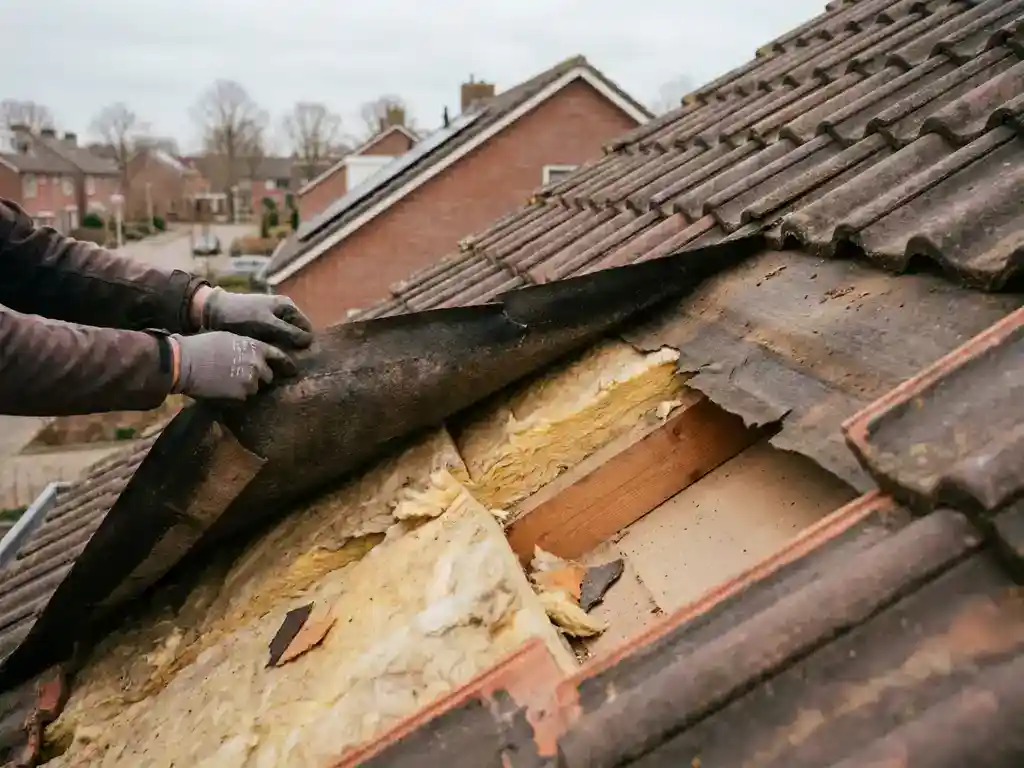 Dakdekker die slecht geïsoleerde naad ontdekt op schuin woonhuisdak, met ongelijke isolatie zichtbaar onder opgetild dakmateriaal.