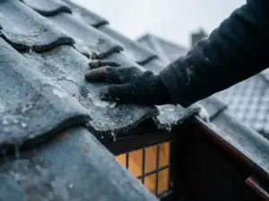 Gehandschoende hand op bevroren dakpannen van een Nederlands woonhuis, met warm licht vanuit dakraamvenster op winterse dag.